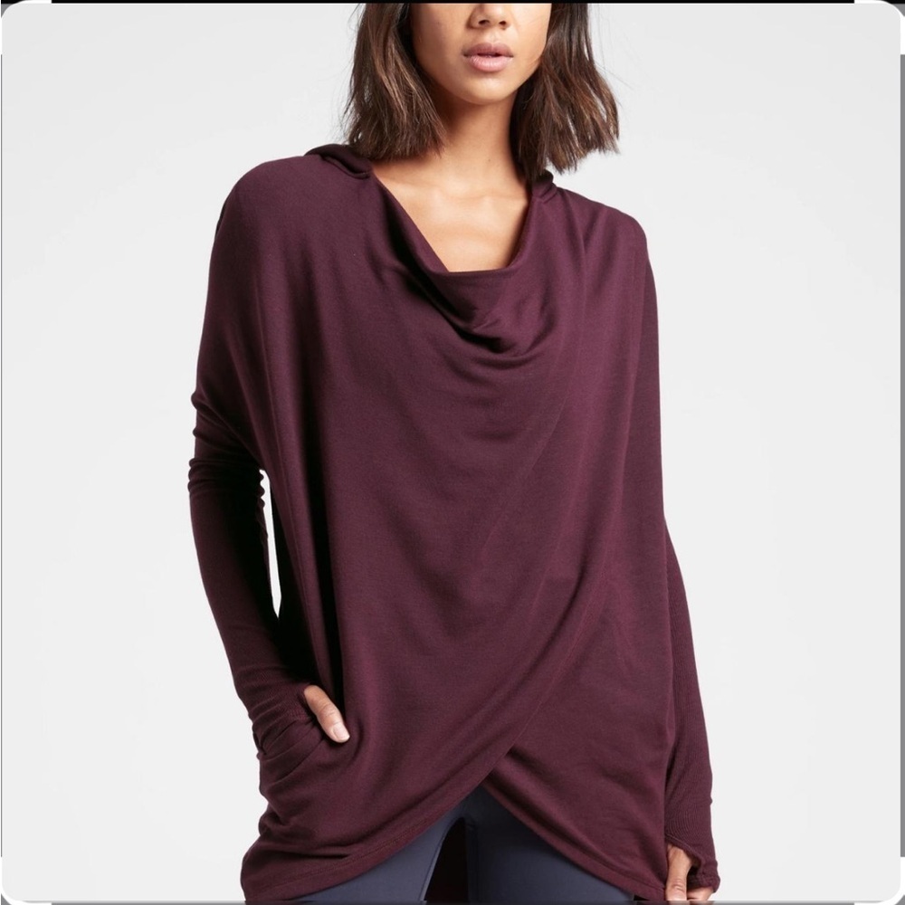 Athleta Purana Wrap Front Sweatshirt XS Hooded Cowl Neck Spiced Cabernet Purple